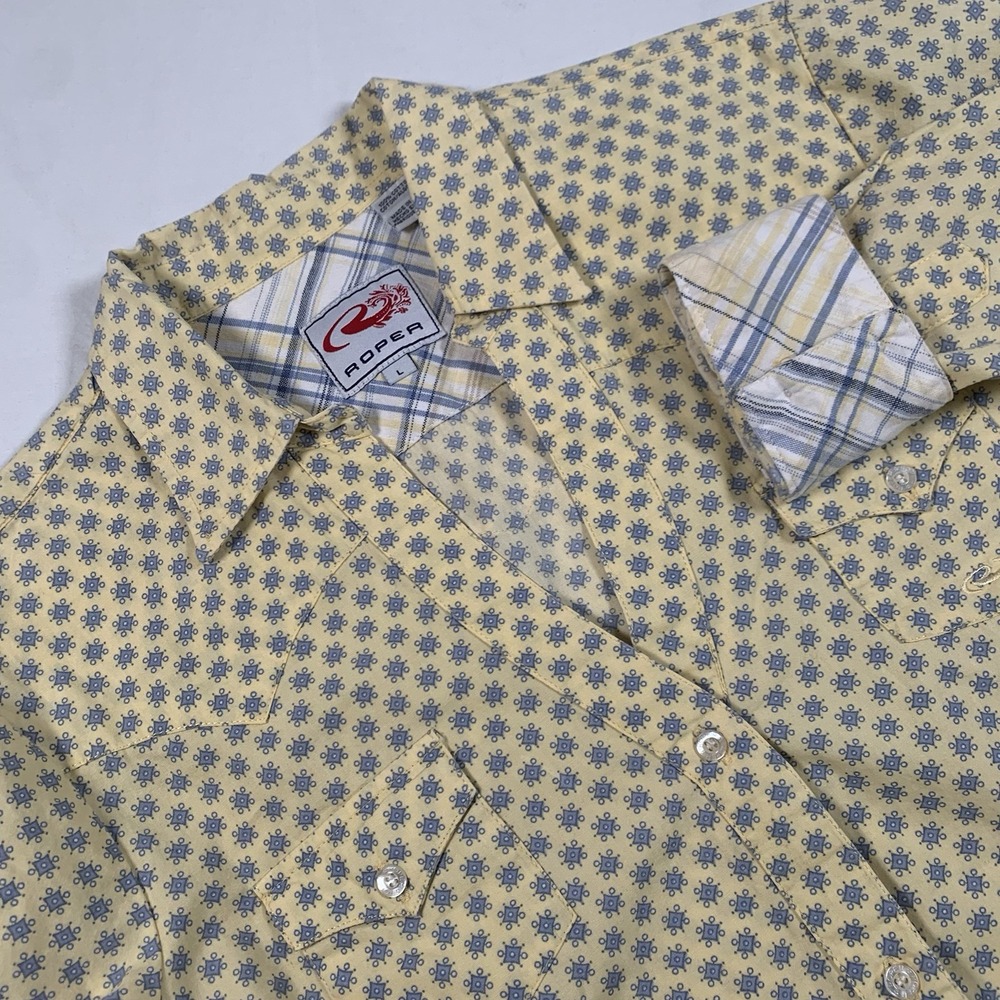 Roper Western Shirt Women's L‎ Yellow Blue All Over Print Long Sleeve Button Up